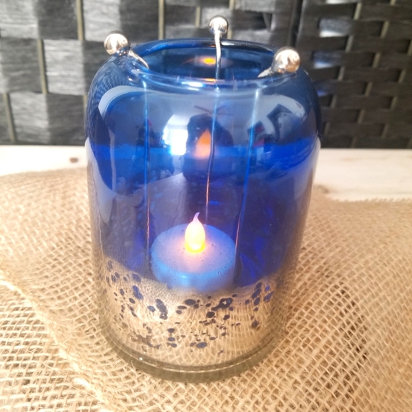 Cobalt blue/ silver mercury glass tealight holder - Picture 1 of 9